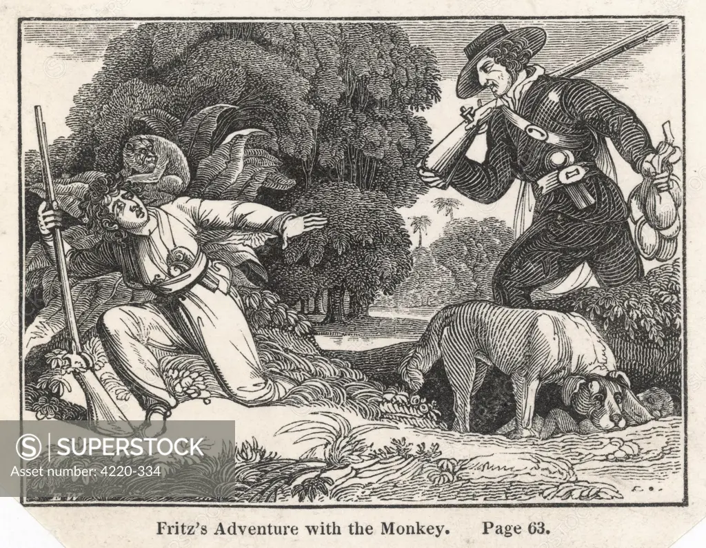 DIE SCHWEIZERISCHE ROBINSON  Fritz is surprised by a monkey  climbing on him while he is  hunting with his father.       Date: First published 1812