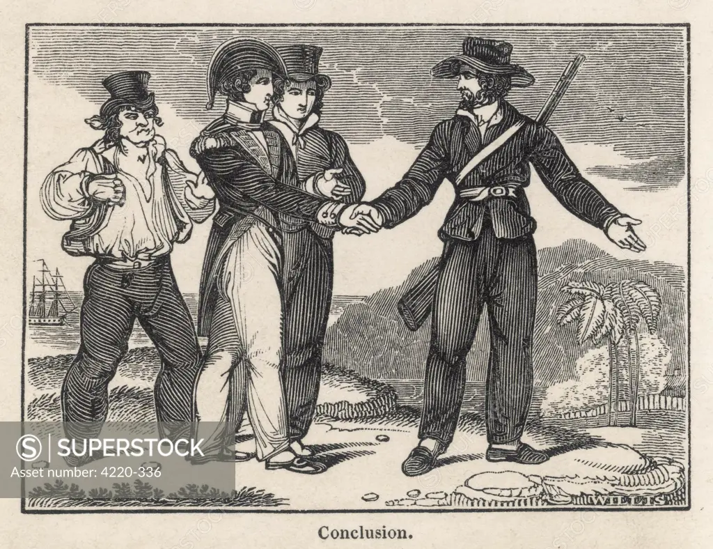 DIE SCHWEIZERISCHE ROBINSON  Mr Robinson meets his rescuers  after spending a long time  isolated with his family on a  desert island.      Date: First published 1812