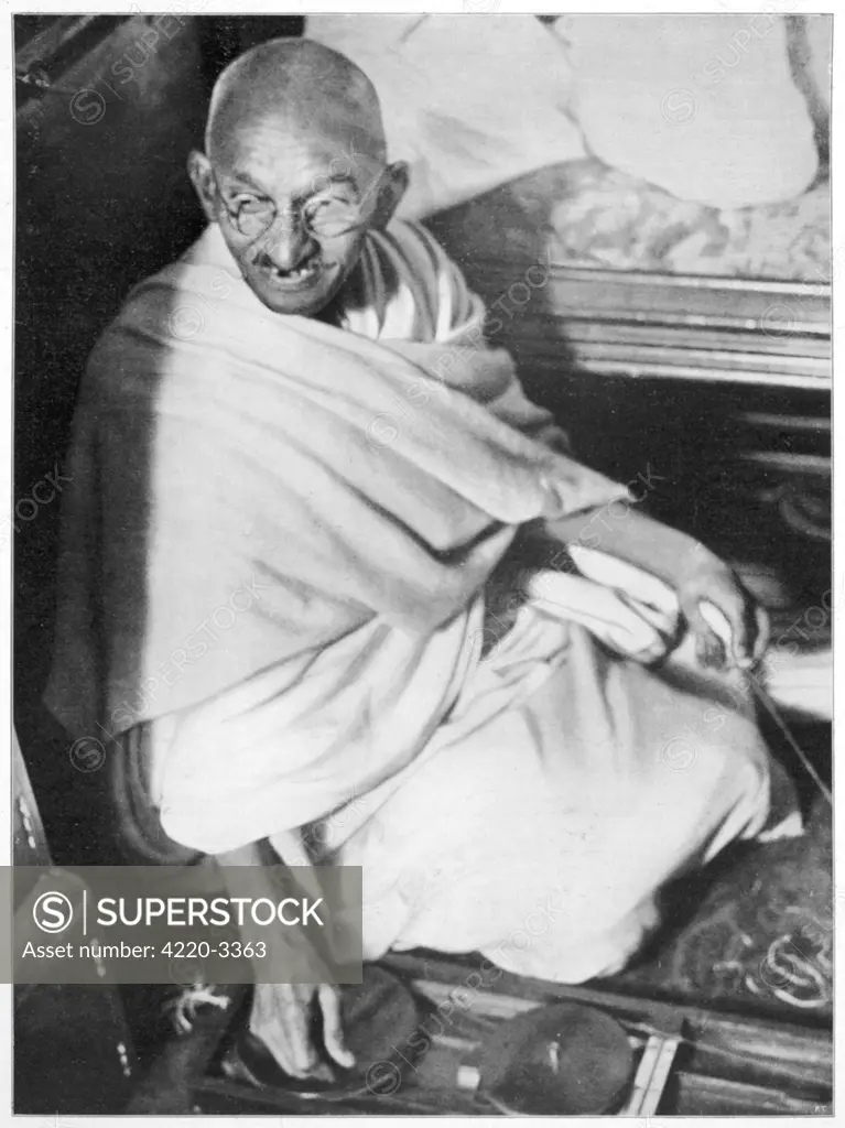 Mahatma Gandhi, Indian nationalist and spiritual leader, sailing from Boulogne to Folkestone on 12 September 1931.      Date: 1869 - 1948
