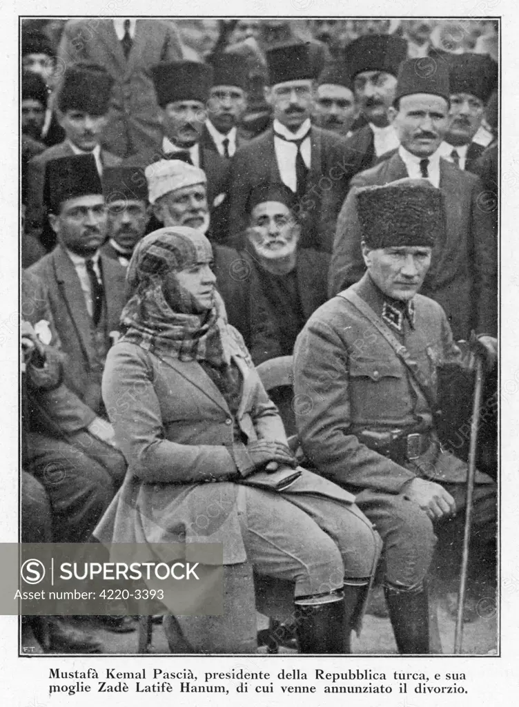 (Mustapha) KEMAL ATATURK military, reformer, founder of Turkish State, with LATIFE HANUM, having announced their divorce.      Date: 1881 - 1938