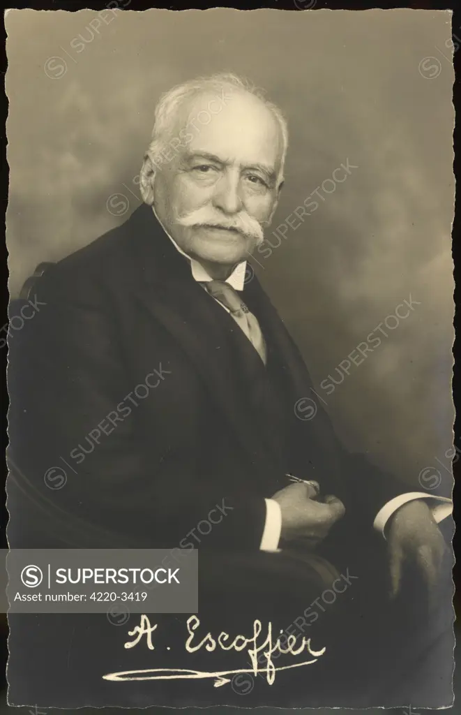 AUGUSTE ESCOFFIER  French Chef. Director of  Kitchen for many large Hotels.  Known for his culinary  innovations.     Date: 1847 - 1935
