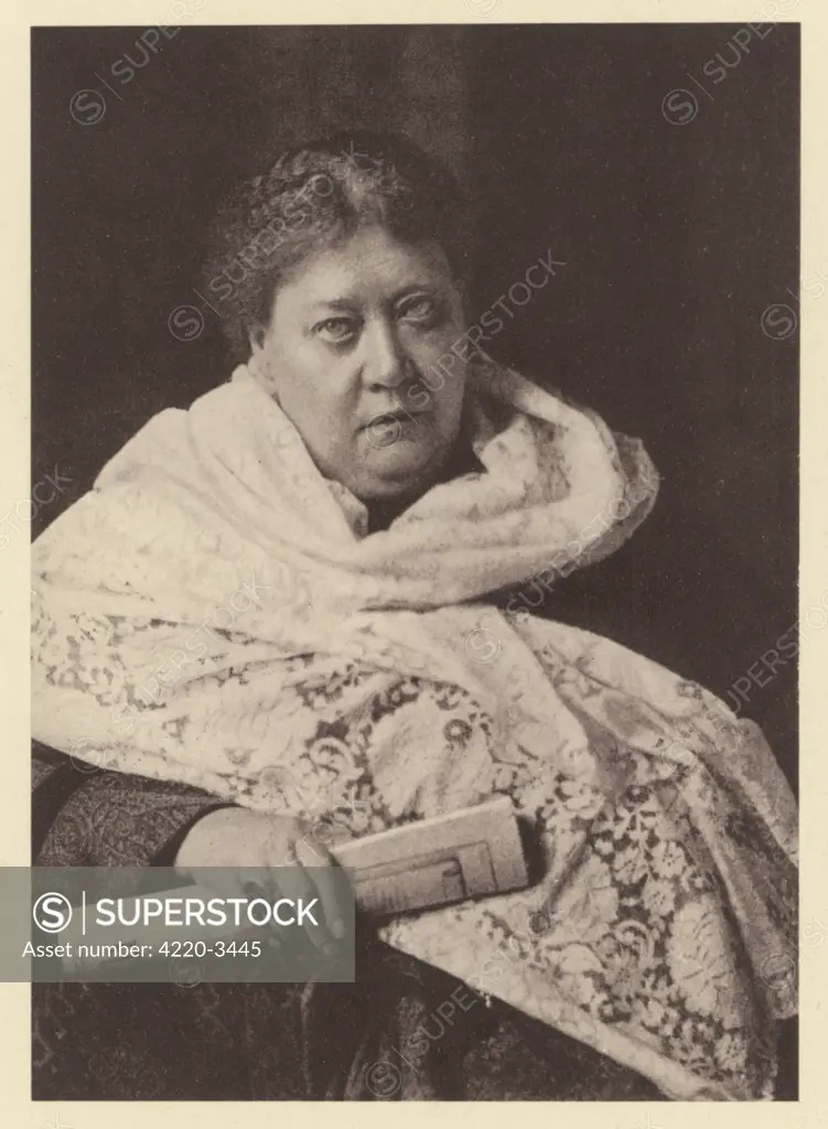 HELENA PETROVNA BLAVATSKY Russian mystic, writer &amp;c  (wearing shawl, holding  rolled magazine)      Date: 1831 - 1891