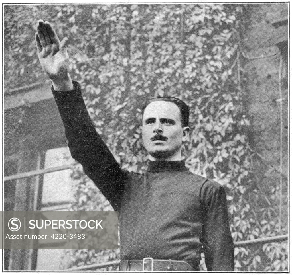 OSWALD ERNALD MOSLEY  British politician, founded  British Union of Facists,  known as the Blackshirts  (1932), saluting.     Date: 1896 - 1980