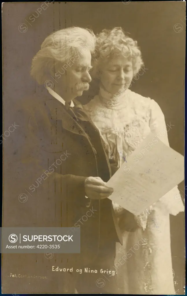 EDVARD HAGERUP GRIEG  Norwegian musician, with his wife NINA (postcard sent from  Christiania in 1907)     Date: 1843 - 1907