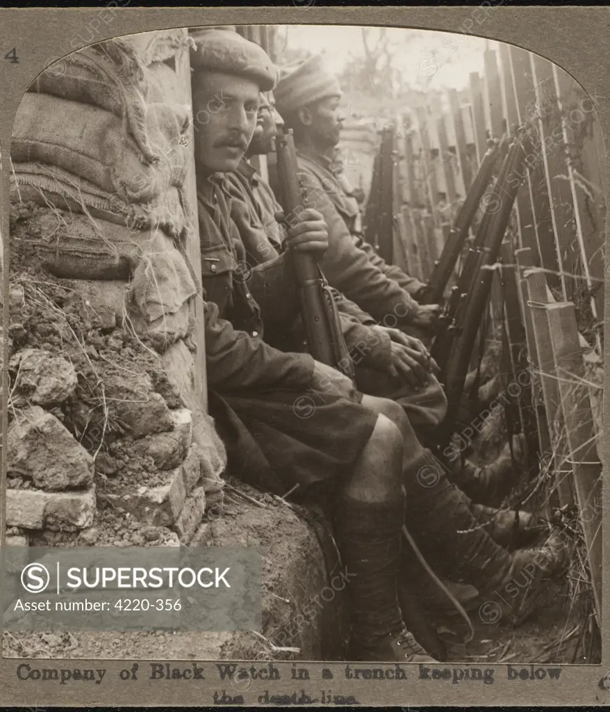 Members of the Black Watch  Regiment in the trenches.         Date: circa 1915