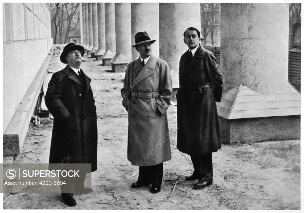ALBERT SPEER (on the right) German architect and official;  photographed with Professor GALL and HITLER at the site of the House of German Art Munich