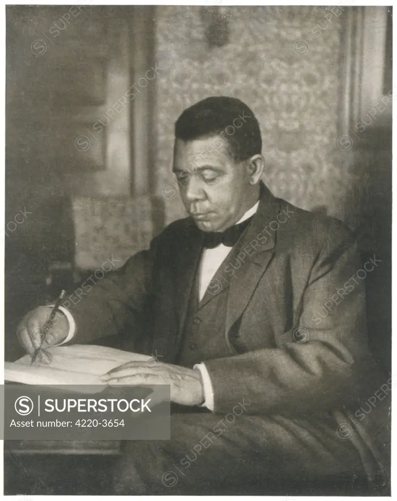 BOOKER T WASHINGTON  American educator, born a  slave; established and head of  the Tuskegee Institute,  Alabama.     Date: 1856 - 1915
