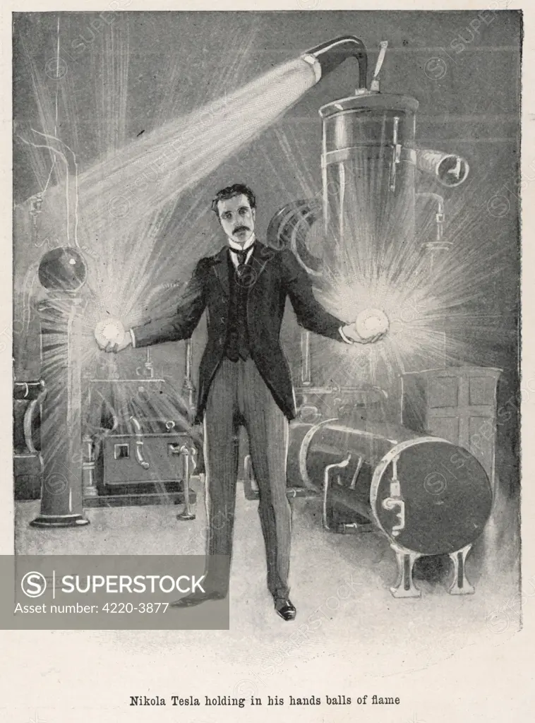 Nikola Tesla (1856-1943), Croatian inventor  holding balls of flame in  his bare hands