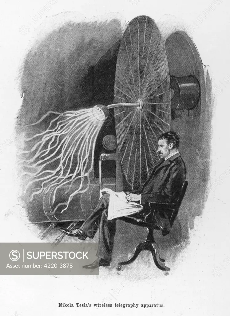 Nikola Tesla (1856-1943), Croatian inventor seated beside his wireless  telegraphy apparatus