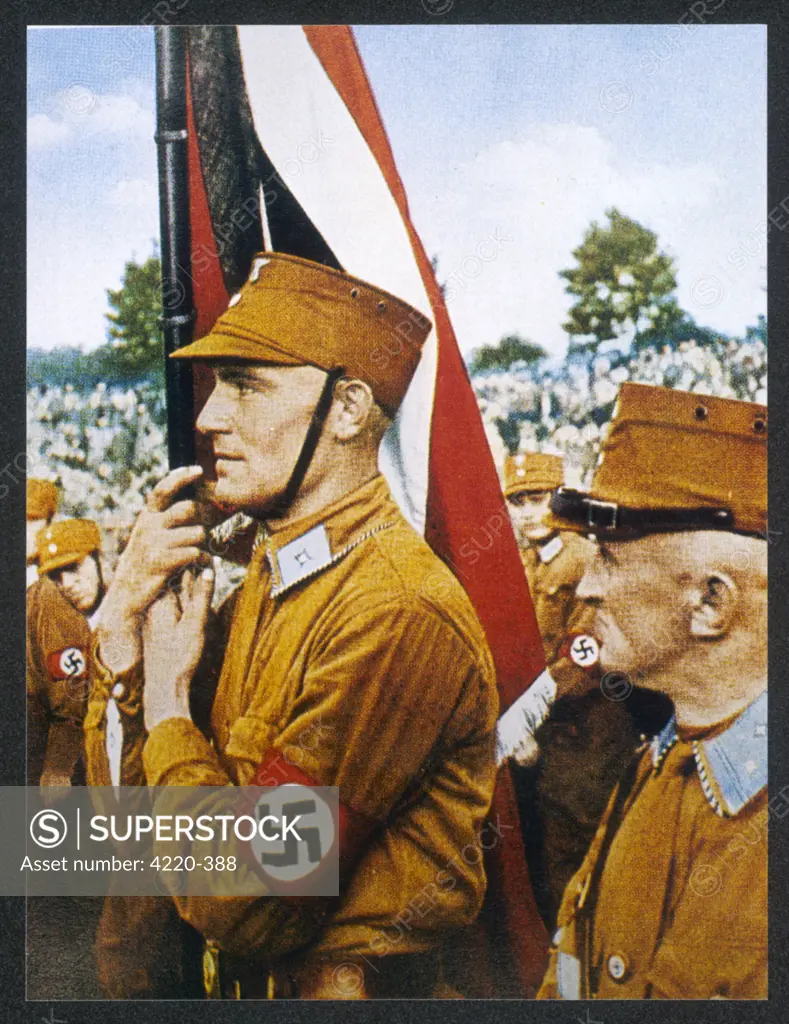 SA man and Nazi flag as  depicted by the Nazi media.        Date: 1930s