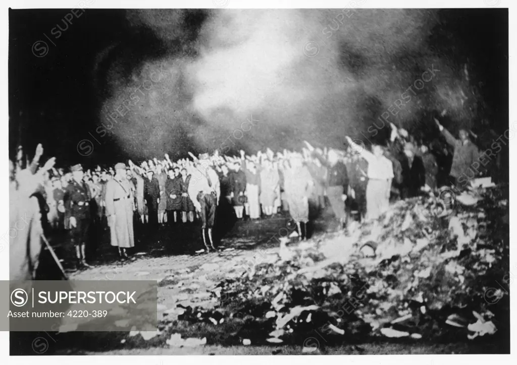 'Disruptive' books from  private and public libraries  were burned in front of the  University of Berlin.  This  incident provoked a wave of  disgust throughout the world.     Date: 10 May 1933