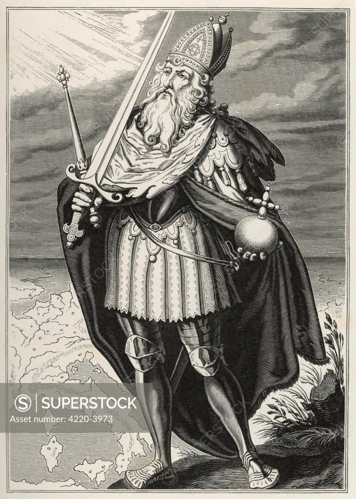 CHARLEMAGNE depicted as ruler of Europe  and of the Church (note the  religious mitre in addition to  the royal symbols)