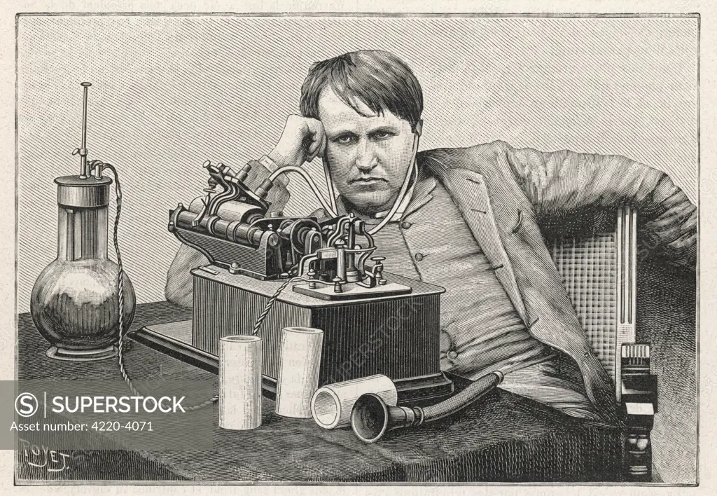 THOMAS ALVA EDISON  Listening to the first  phonogram sent to New York from England