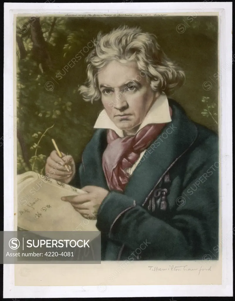 LUDWIG VAN BEETHOVEN German composer  Portrait of him holding a  score