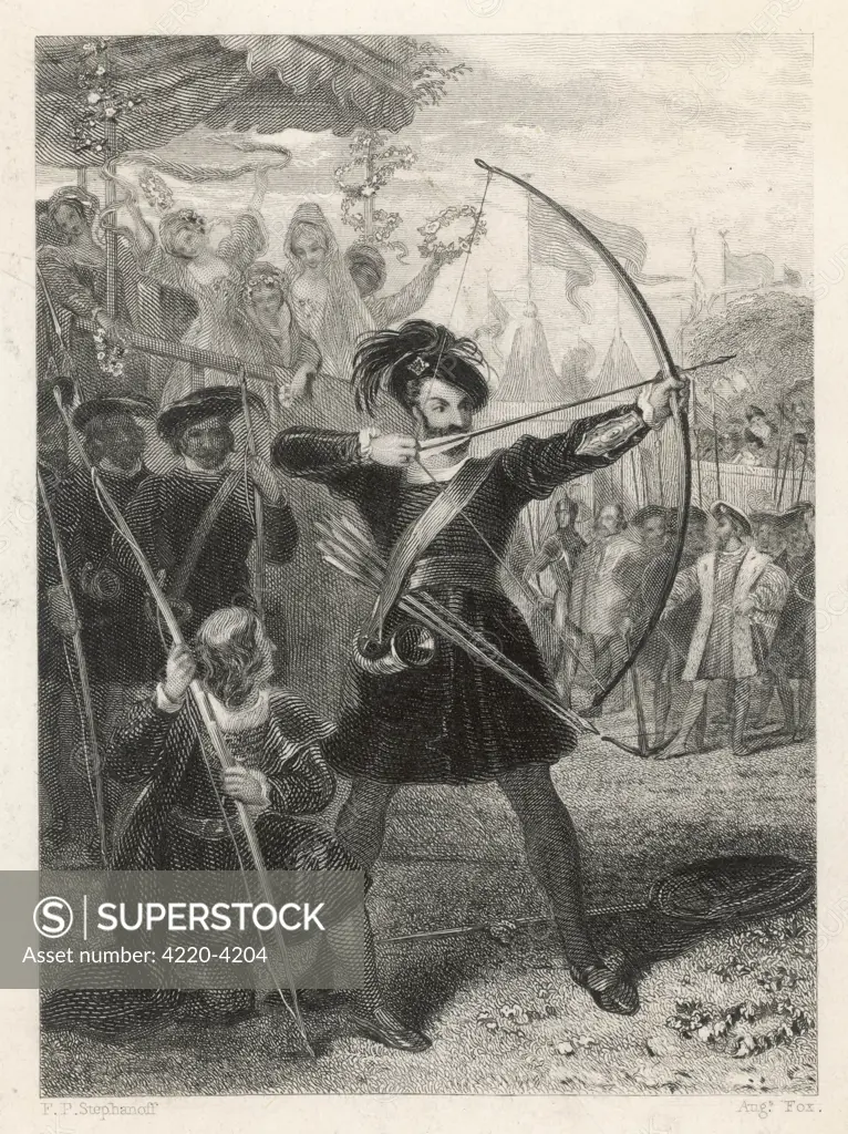 KING HENRY VIII (1491 - 1547) demonstrating his prowess as  an archer at the Field of the  Cloth of Gold, June 1520