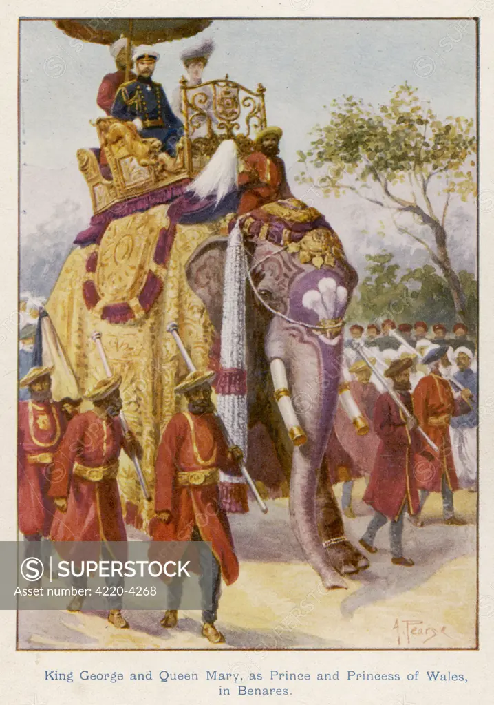 George V and Mary, when Duke and duchess of York, ride an  elephant at Benares, in the  course of their tour of the  Empire, 1901