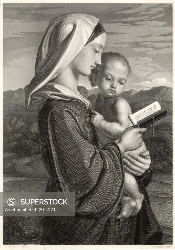 Mary reads a prayer book  while Jesus watches