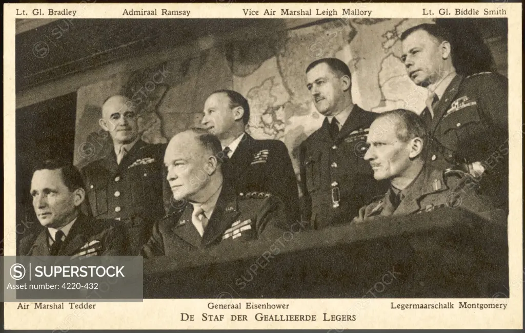 The Allied general staff for  the invasion - Air Marshal  Tedder, gen. Bradley,  Eisenhower, Admiral Ramsay,  Leigh-Mallory, Montgomery,  lt.gen. Biddle Smith     Date: June 1944
