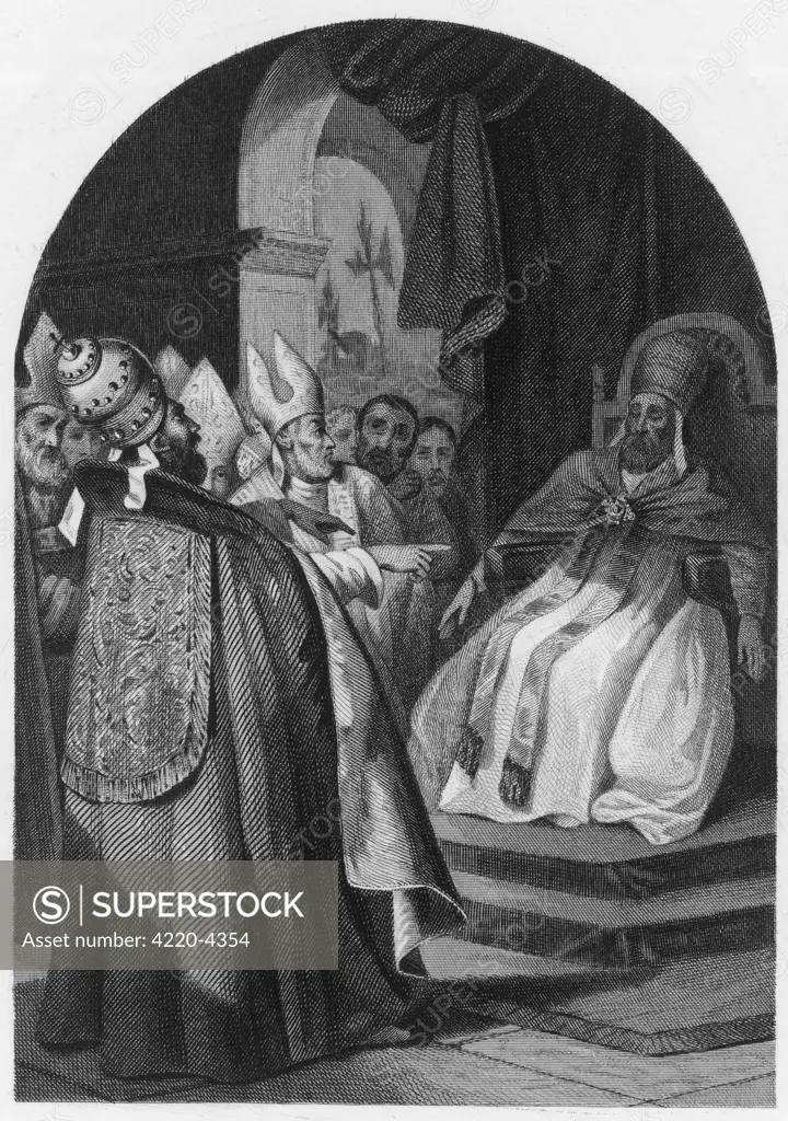 POPE STEPHANUS VI (sometimes listed as Stephanus VII) depicted  interrogating his predecessor  Formosus, whose corpse he had  exhumed ; he was strangled