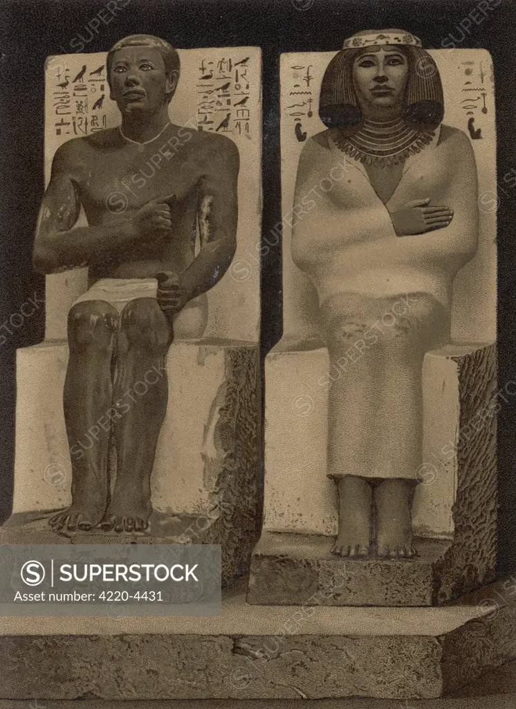 Seated painted limestone statue of Rahotep with his wife Nofret(members of the royal family of the Fourth Dynasty) from their tomb in Meidum, Egypt. When the undisturbed mastaba tomb was discover in 1871 by Albert Daninos, the Egyptian workmen opening up the tomb fled in terror, as in the torch light, they saw the statues' inlaid rock crystal eyes glinted at them in an eerily lifelife manner-a feature originally intented to to ward off grave-robbers.