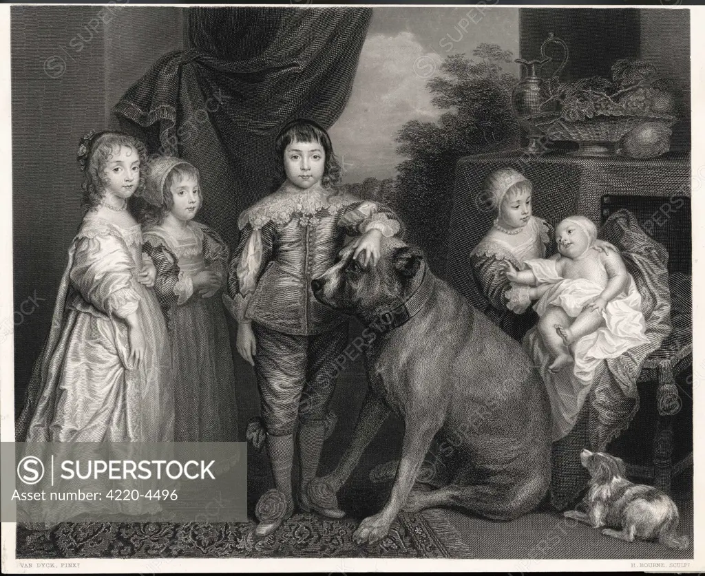 CHARLES I (1600 - 1649)  Mary, James, Charles (later  Charles II), Elizabeth, Anne,  a mastiff and a spaniel