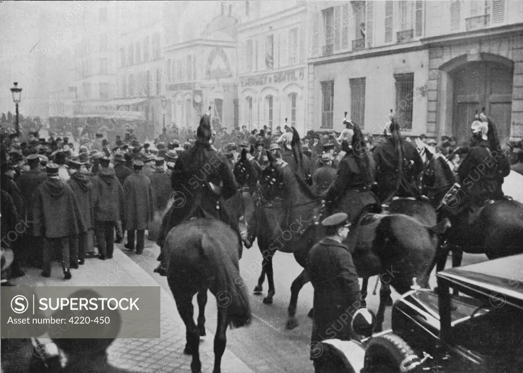 Cavalry are called in when  anti-government rioting in  Paris leads to an attack on  the palais Bourbon.       Date: 1933