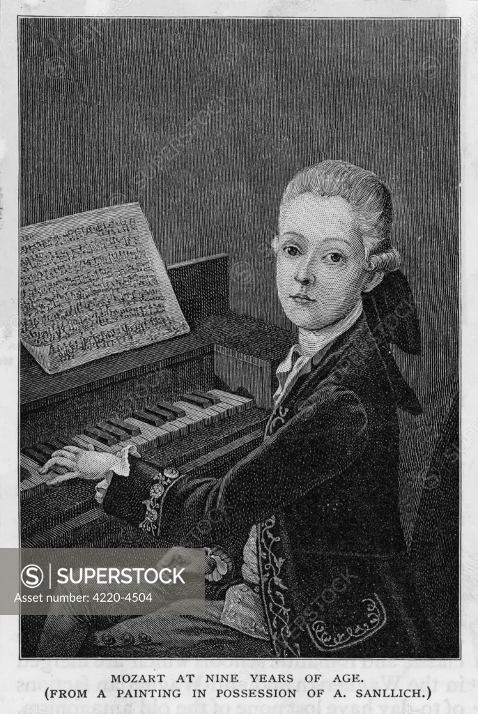 WOLFGANG AMADEUS MOZART  the Austrian composer at the  age of eleven, seen at the  keyboard