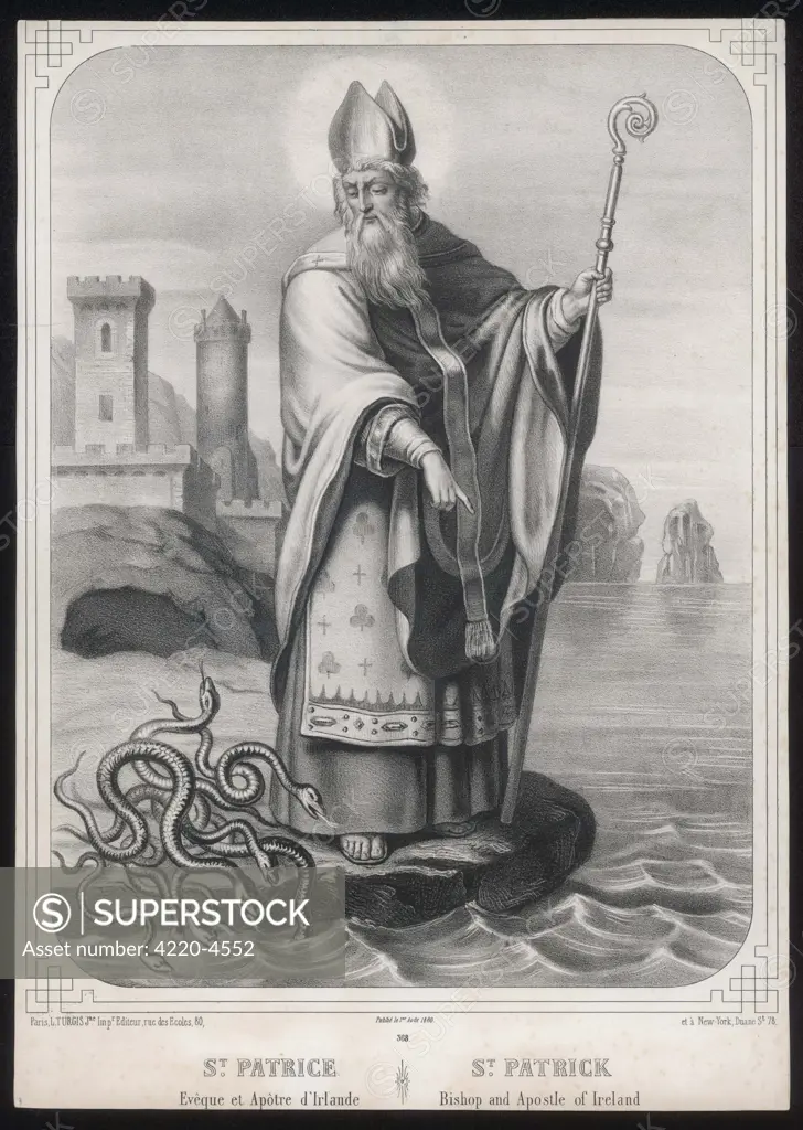 SAINT PATRICK (390 - 461) drives the snakes out of Ireland