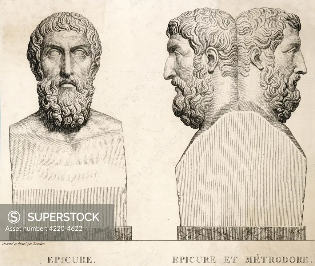 EPICURUS AND METRODORUS  Greek philosopher (left), and with his chief pupil Metrodorus (right)