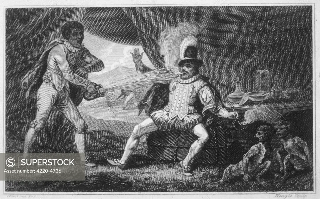 SIR WALTER RALEIGH  Smoking his pipe - his servant  thinks he is on fire, and  douses him with water