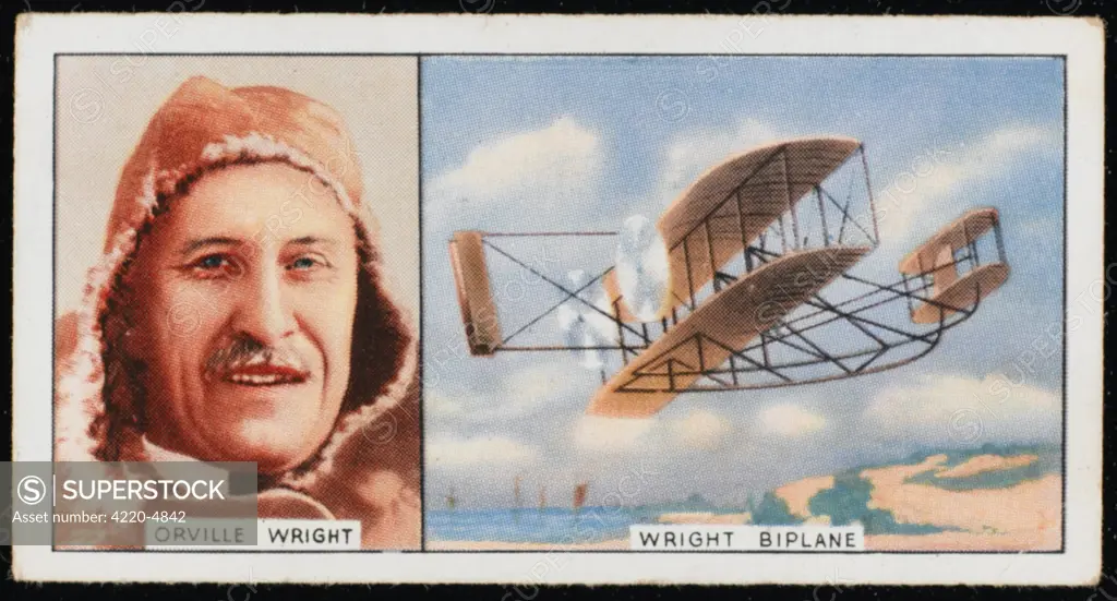 Orville Wright, American  pioneer aviator, and his  Wright biplane (1908 model)