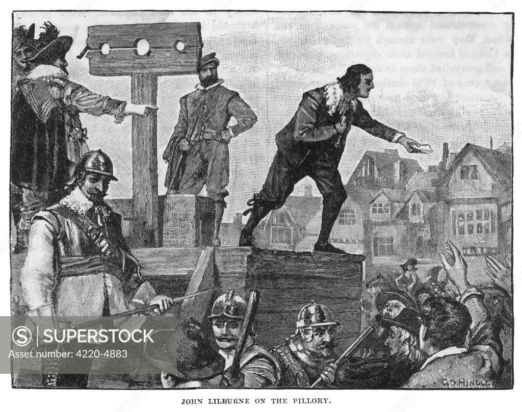 JOHN LILBURNE  Political agitator and English  leader of the Levellers; here, he appeals to a crowd as he  stands at a pillory.