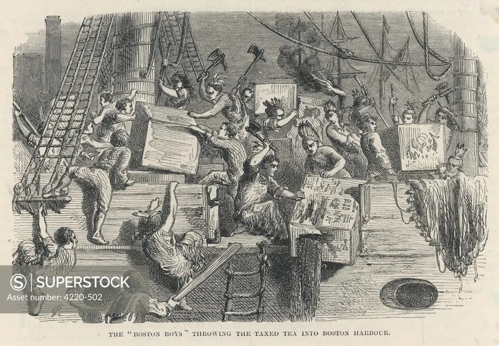 Boston citizens, dressed as  Indians, board English  ships and throw tea chests  into the harbour in protest  against taxation.