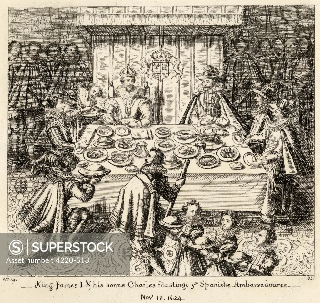 King James I of England (and VI of Scotland) feasting with Spanish  ambassadors.