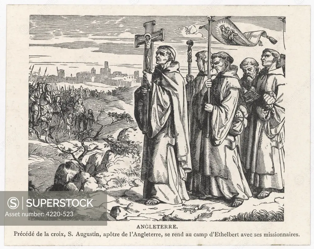 St Augustine and his companions bring Christianity to Britain  -- their procession approaches the camp of King Ethelbert.