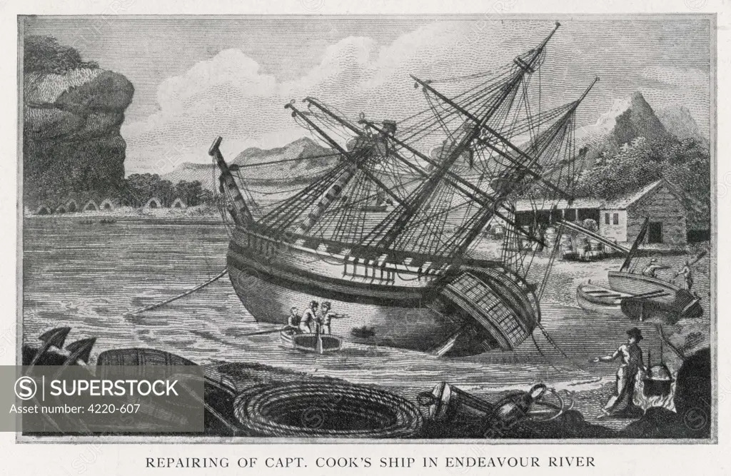 Repairs being carried out on  Cook's ship the Endeavour.