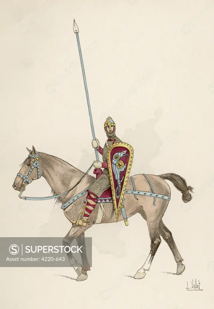 Norman soldier on horseback  with pike and shield.