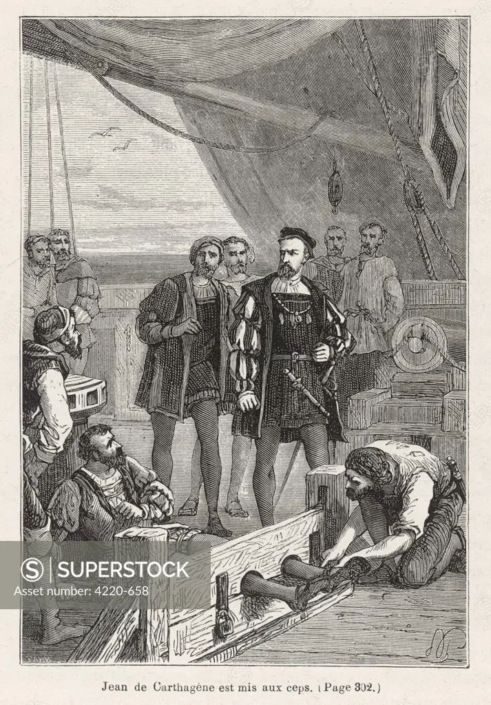 When Juan de Cartagena  questions the authority of  Fernao de Magalhaes he is put  in the stocks, but is released  when other captains protest