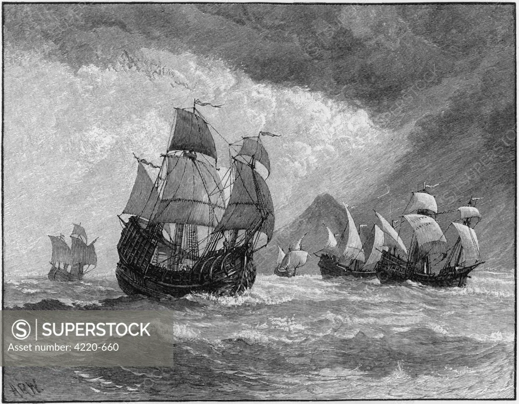 The five vessels of his fleet  - 'Trinidad', his flagship,  and the 'Sant'Antonio',  'Concepcion', 'Victoria' and  'Santiago'