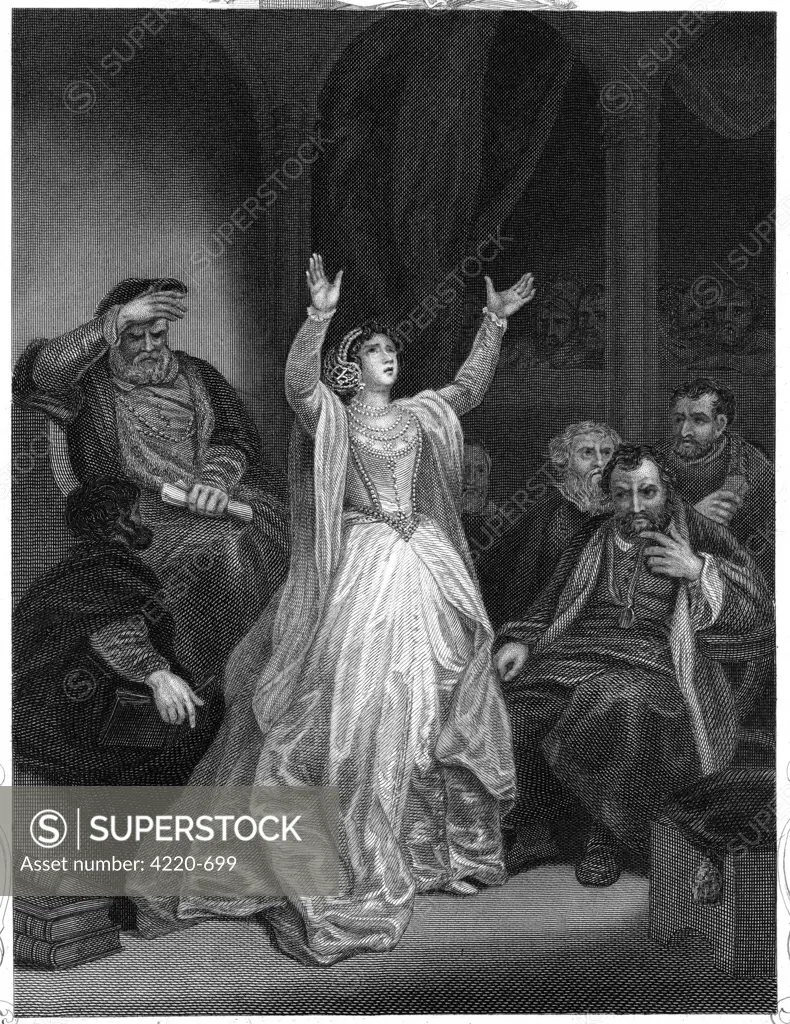 Henry VIII, cooling towards  Anne Boleyn, charges her with  'criminal intercourse' with  several persons, including her  own brother, and she is  condemned to death
