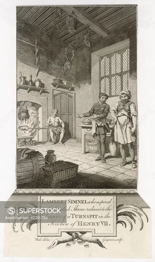 Lambert SIMNEL, who aspired to  the English throne, reduced to  the position of turnspit in  the kitchen of Henry VII.