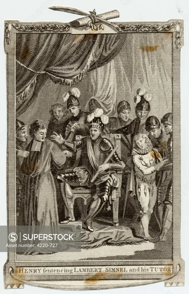 Lambert SIMNEL, who aspired to  the English throne, being  tried (with his tutor) by  Henry VII.