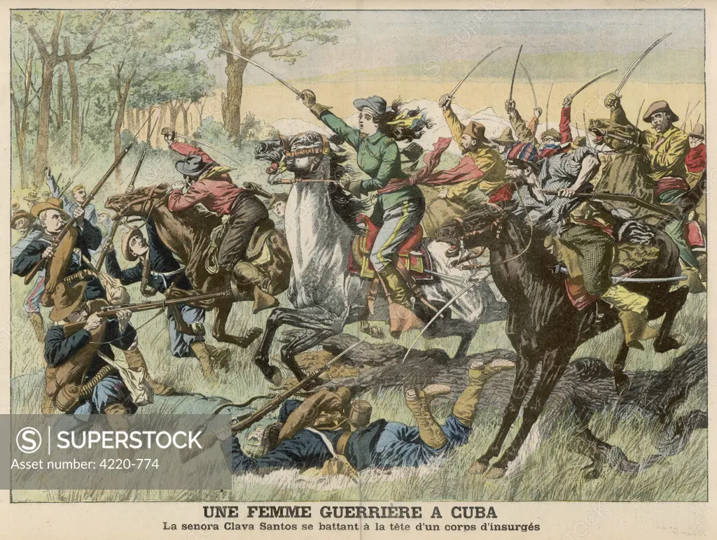 Insurrection in Cuba : Senora Clara Santos heroically  leads a charge of rebel  cavalry