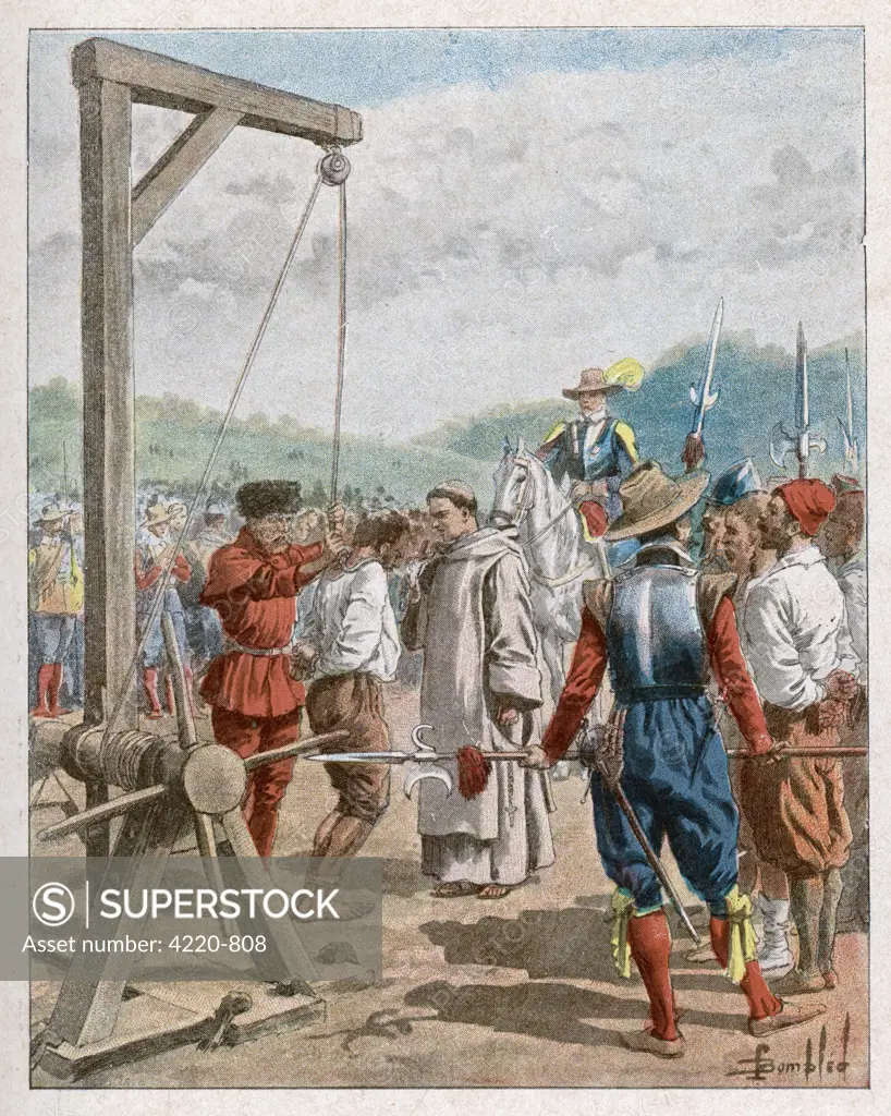 Samuel de Champlain hangs the  ring-leaders of a conspiracy  of dissatisfied colonists, who  had planned to murder him and  pillage the stores