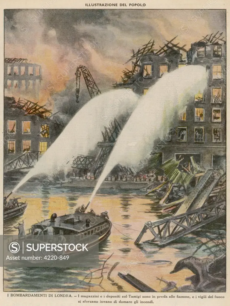 Using a fire hose to douse  burning buildings from boats  on the River Thames, London.