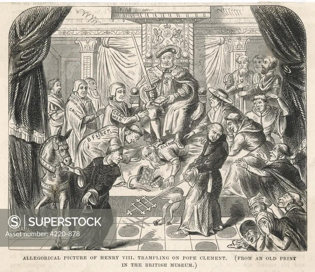 Henry VIII tramples on Pope Clement VII; an allegorical  print