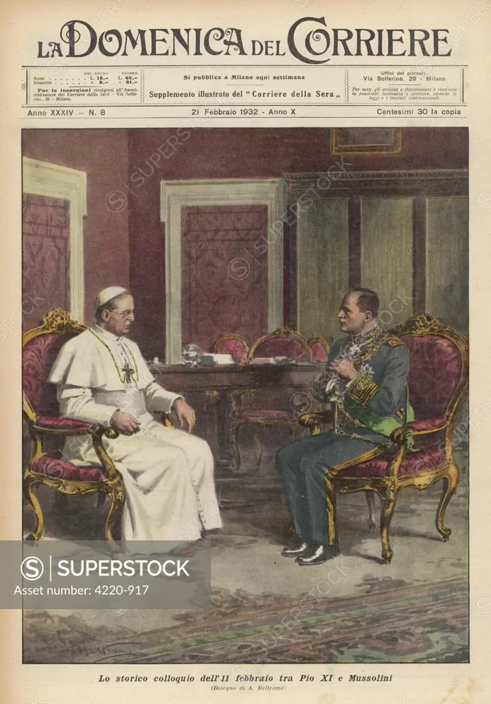 Pope Pio XI receives Mussolini  at the Vatican, Rome
