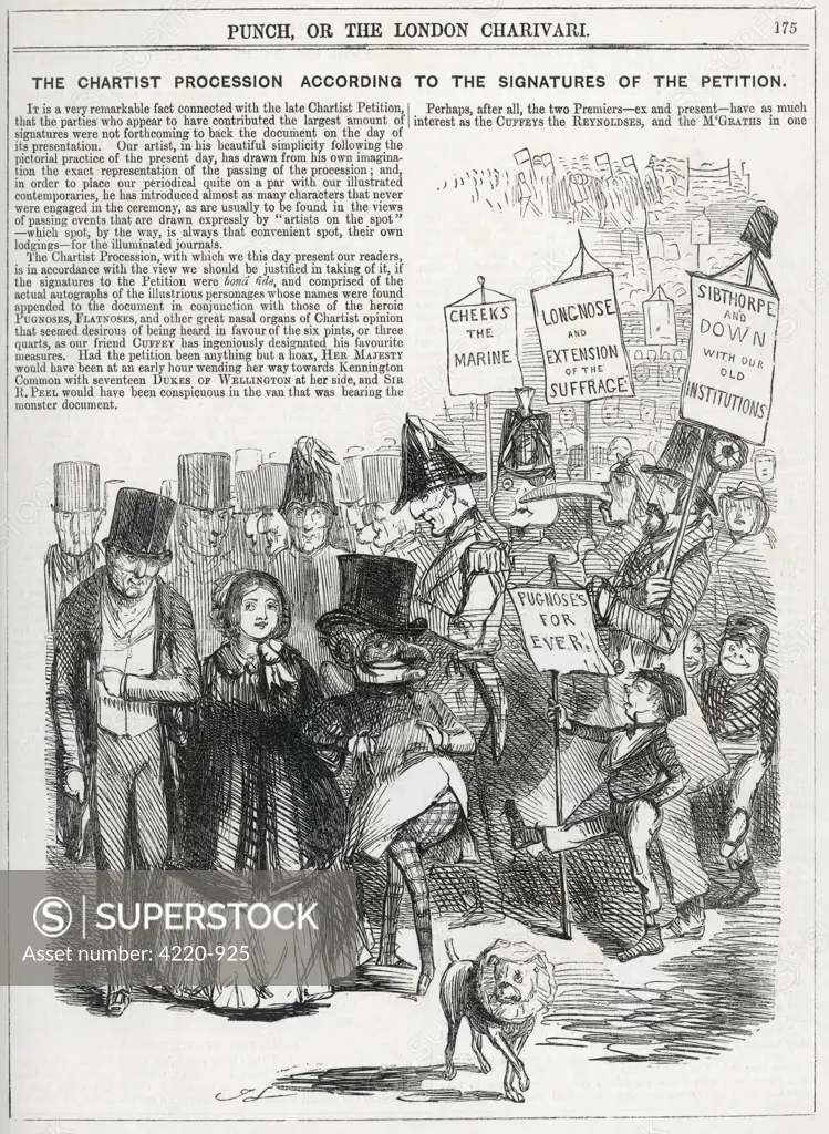 Cartoon of a hoax petition  which included the signatures  of Queen Victoria, seventeen  (!) Dukes of Wellington and  others!
