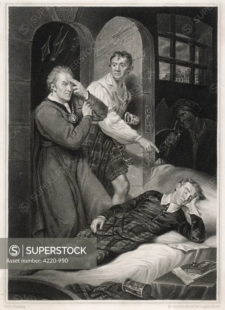 The 8th Earl and Marquis of  Argyll, having been arrested  on Restoration of Charles II,  is found asleep in prison only  two hours before his execution