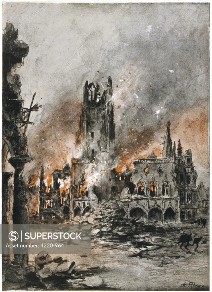 Arras, an historic city  in the Pas-de-Calais  dept. of Northern France  is bombarded. The cathedral,  abbey of St Vaast and city  hall are all ruined.